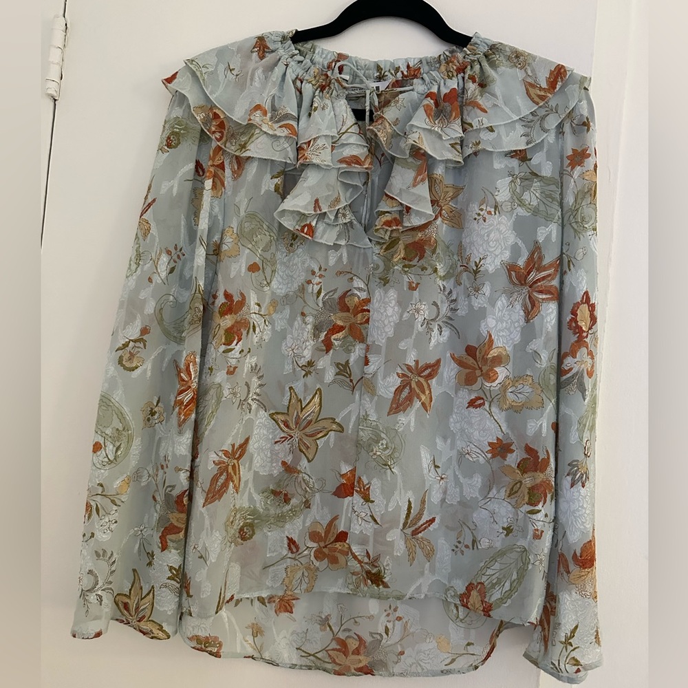 Zara Blue and Orange Floral Ruffle Blouse